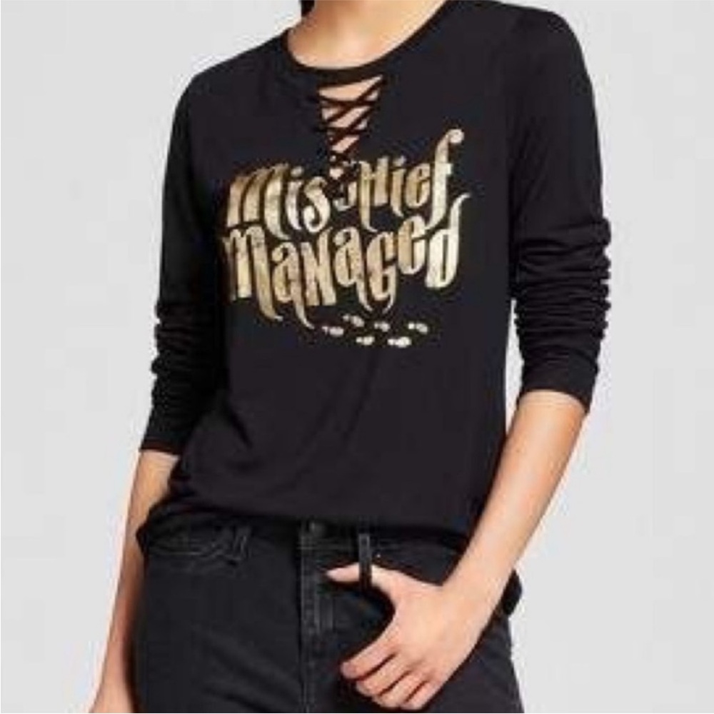 🌸3/$25 Harry Potter Mischief Managed Black & Gold Tee with Lace-up Detail Size L